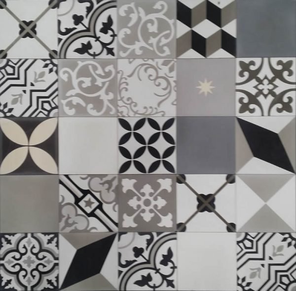 Moroccan Encaustic Cement Pattern Random Mix Black White and Grey