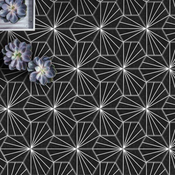 Geometric Striped Hexagon Black 15cm x 17.5cm